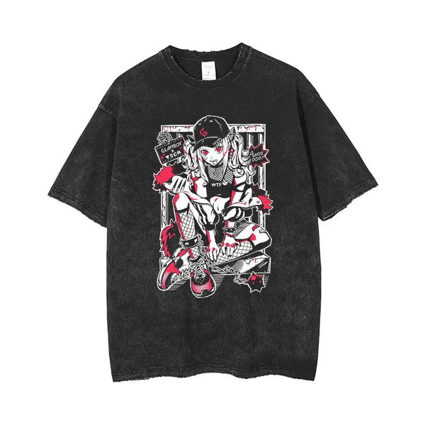 Retro Anime Printed Washed Tee - Wichuw